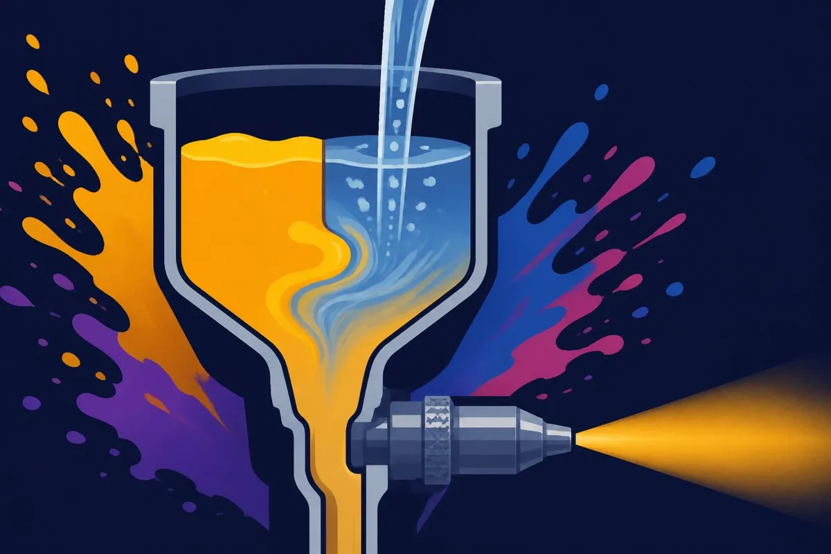 Thick paint thins into a smooth flow inside a flat airbrush cup cross-section.