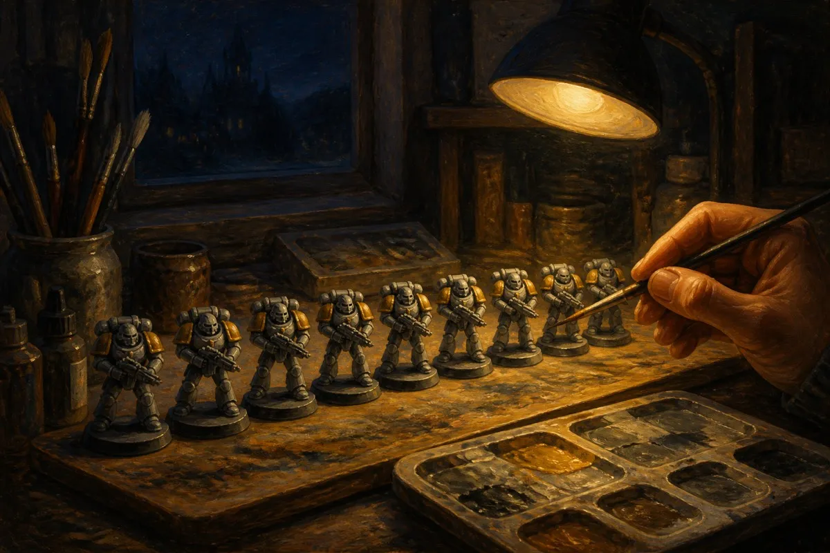 A neat rank of grey miniatures sits at the same stage under lamp light with a moving brush.