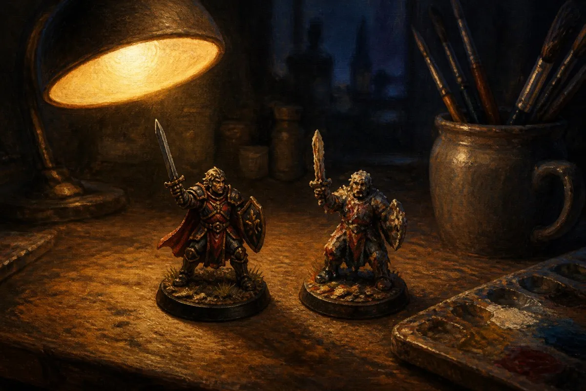 Two small figures sit under a lamp, one sharply detailed and one soft and blurry.