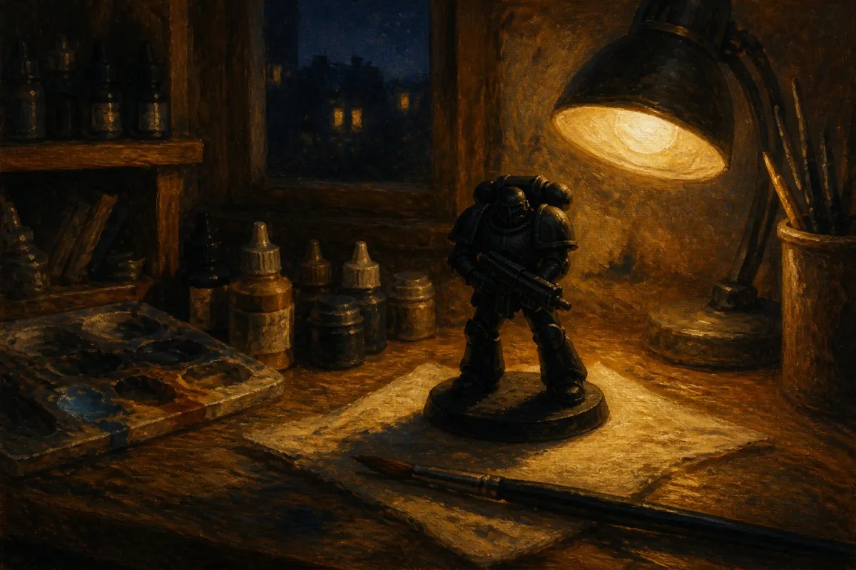 A figure primed matte black sinks into shadow under a workbench lamp.