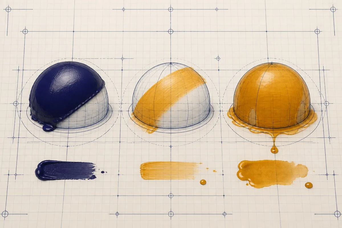 Three drawn domes compare an opaque coat, a thin stroke and a flooding wash.