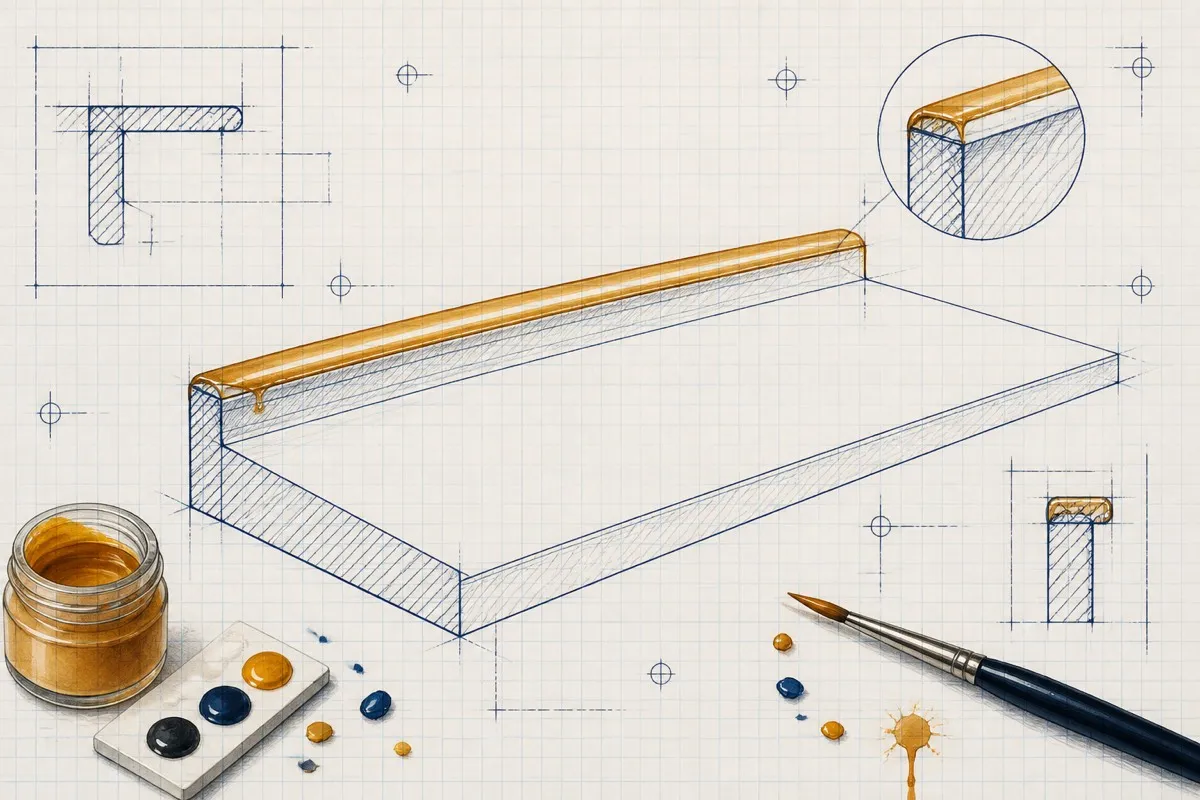 A thin stroke runs precisely along the top ridge of a drawn raised edge.