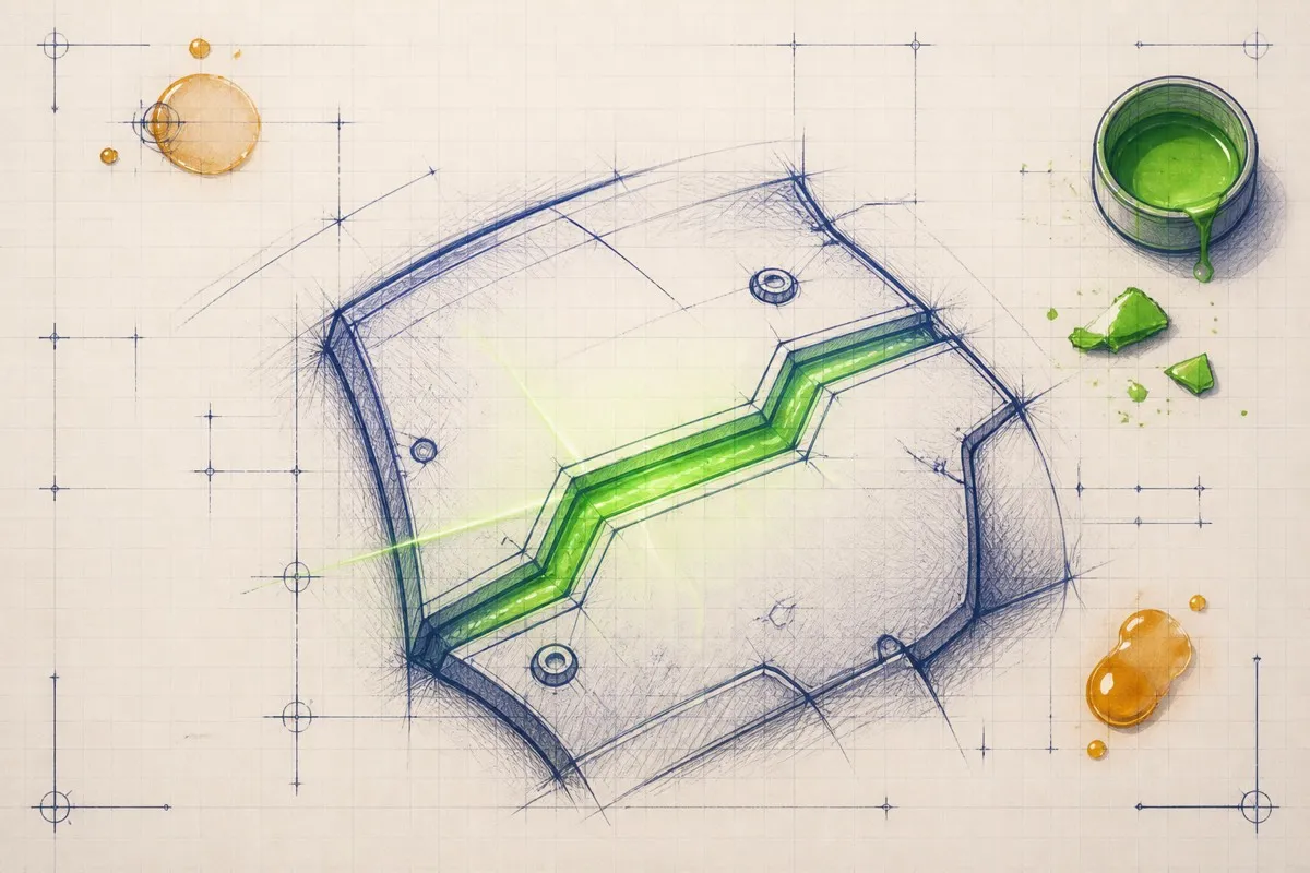 A luminous green glaze pools in a drawn recess with faint glow lines around it.
