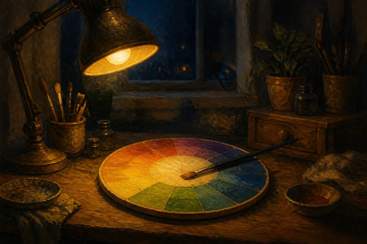 A round painted color wheel glows under a lamp with a brush resting across it.