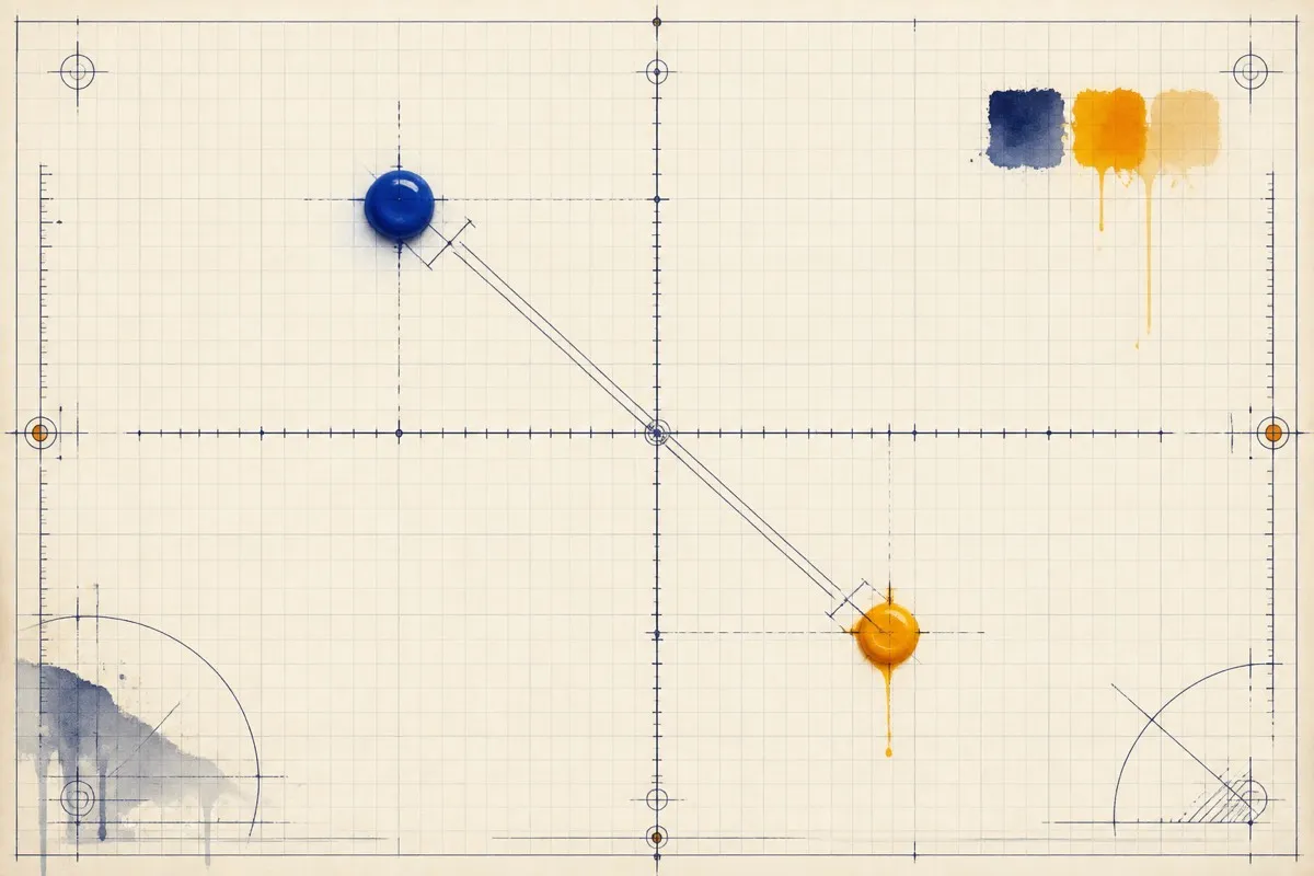 Two paint colors sit as plotted points with a measured distance line between them.