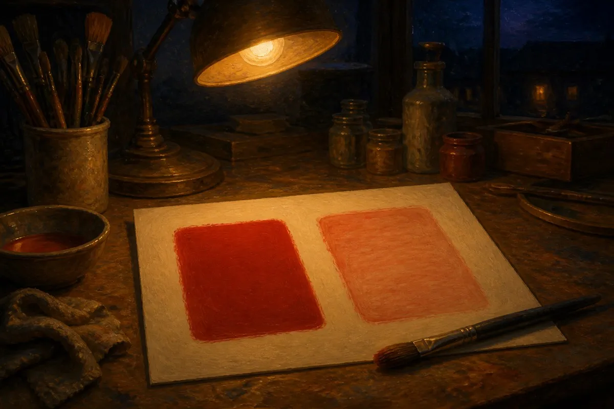 Two swatches compare an even opaque coat against a barely-there translucent veil under lamp light.
