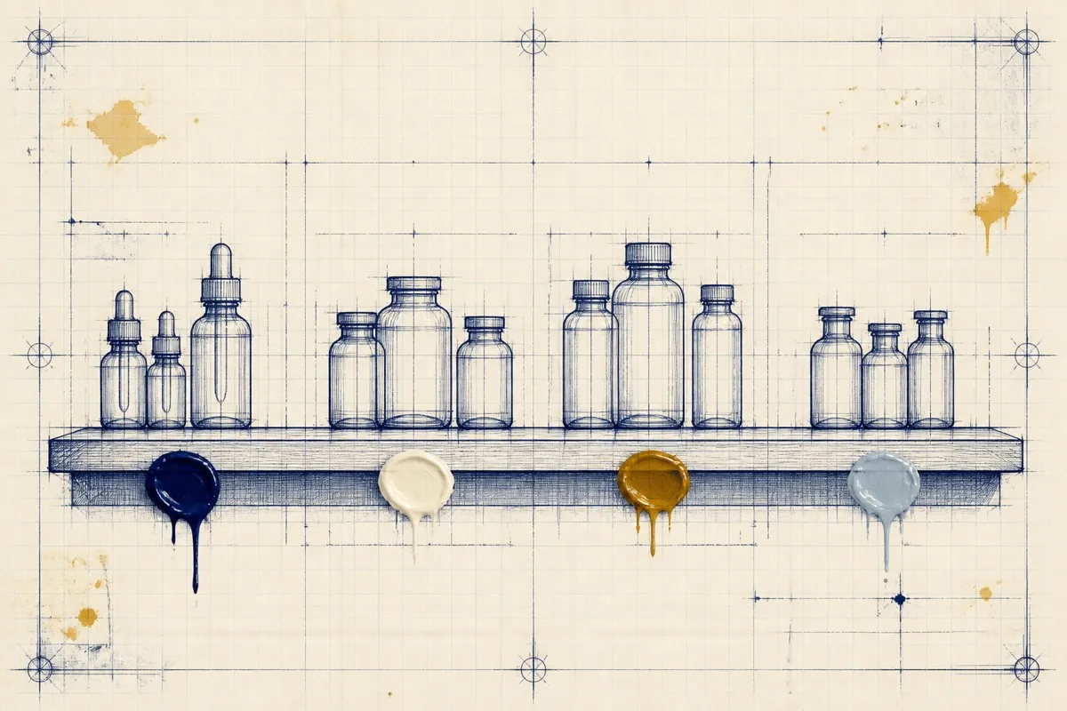 A drawn shelf groups bottle outlines into clusters each with one paint blob.