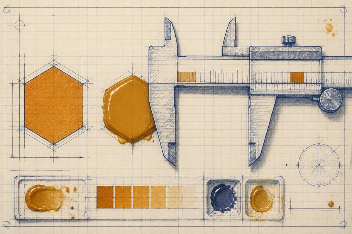 A flat hex swatch and a glossy paint blob of the same color read differently under a caliper.