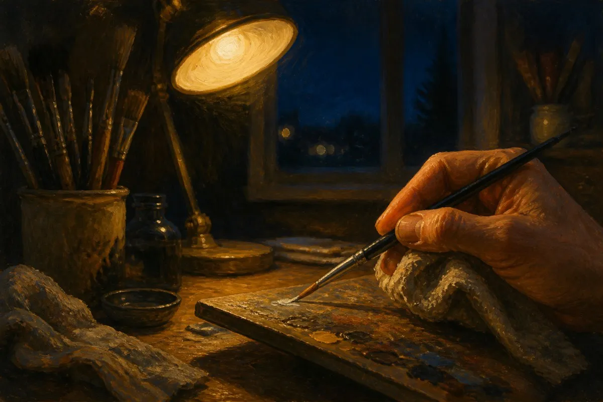A brush tip is wiped to a fine point on a palette edge under lamp light.