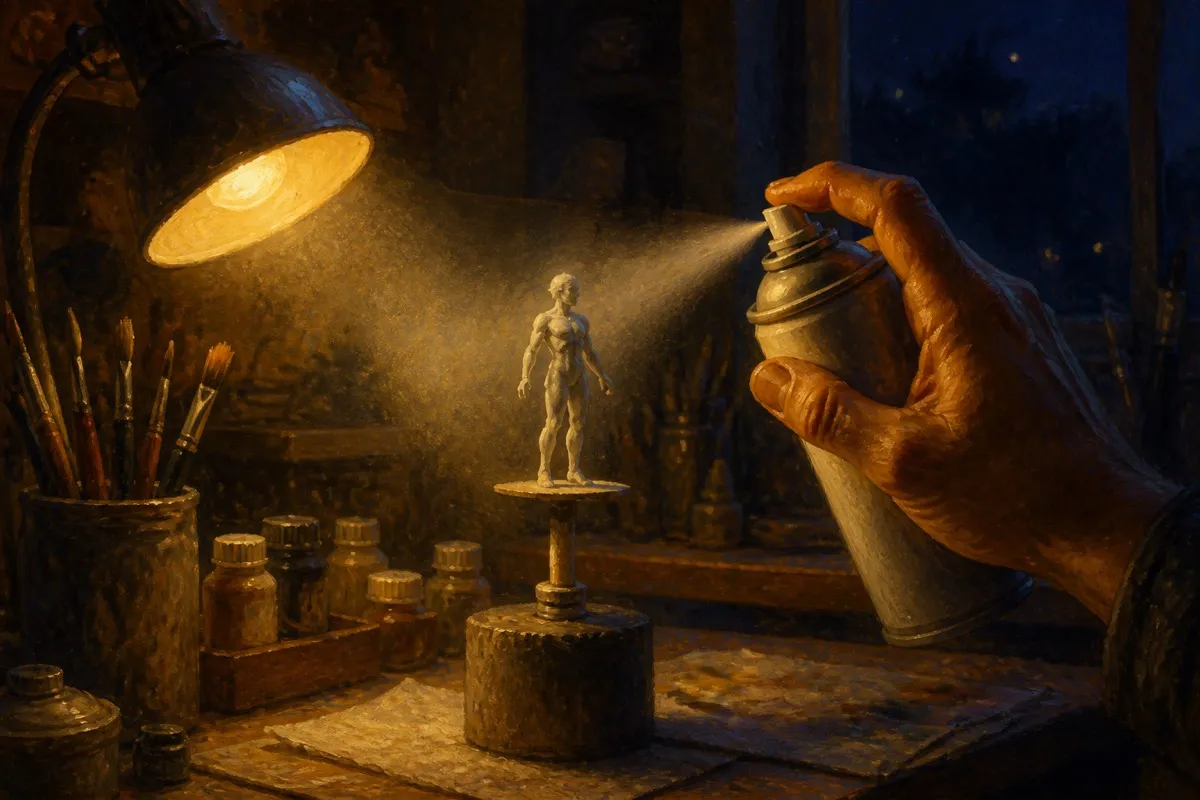 A bare figure on a handle takes an even primer mist in the glow of a workbench lamp.