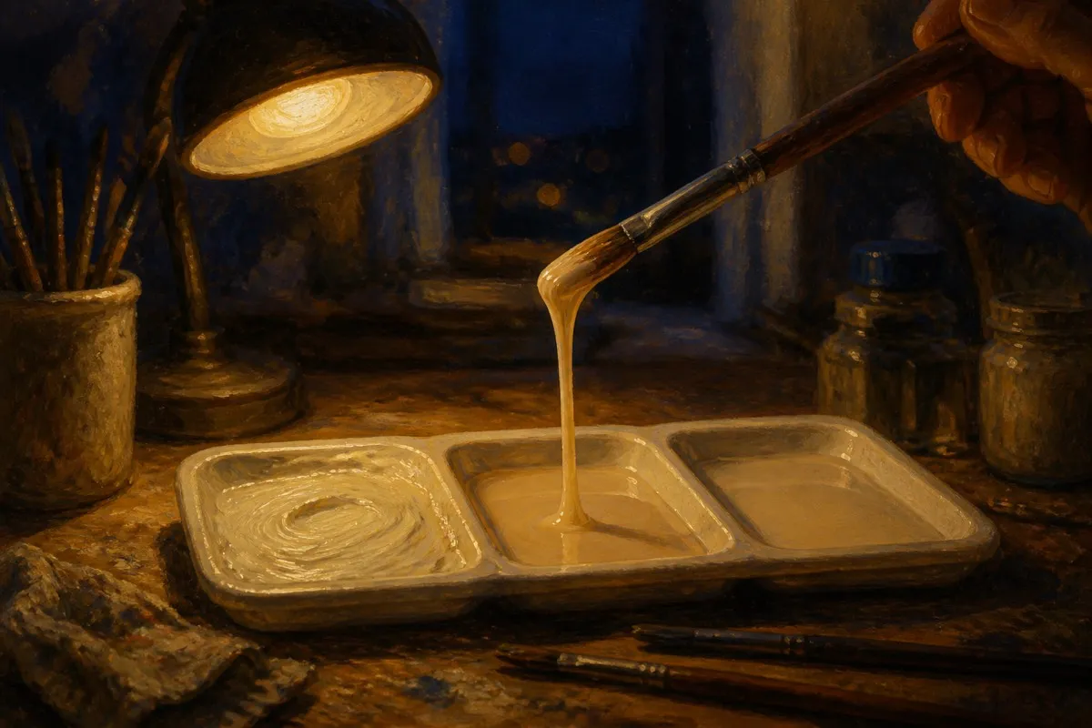 Three palette wells hold different thinnesses as a brush lifts a smooth ribbon from the middle.