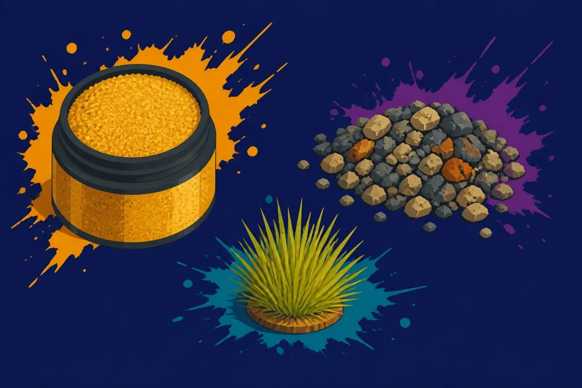 Sand, gravel and a grass tuft sit spaced apart as bold flat shapes on indigo.