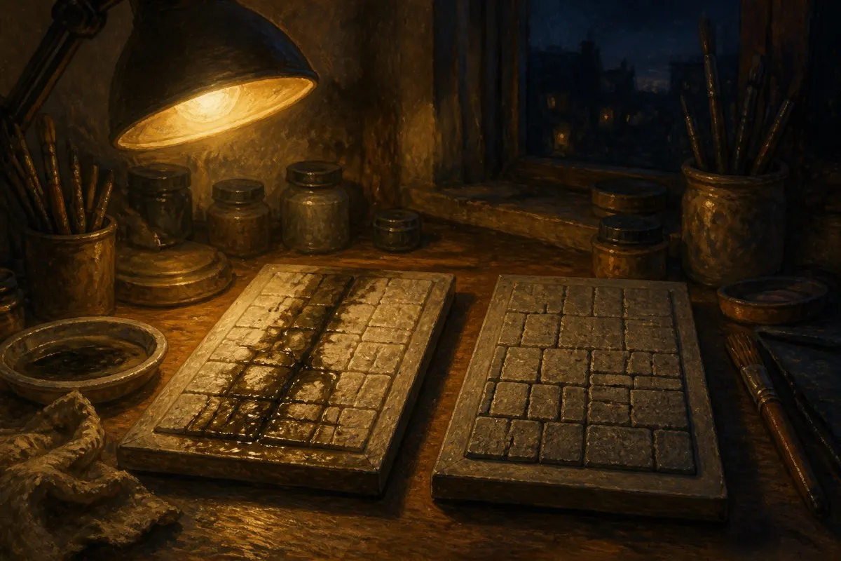 Two panels compare a slow oily wash creeping into grooves against a fast-set wash under lamp light.