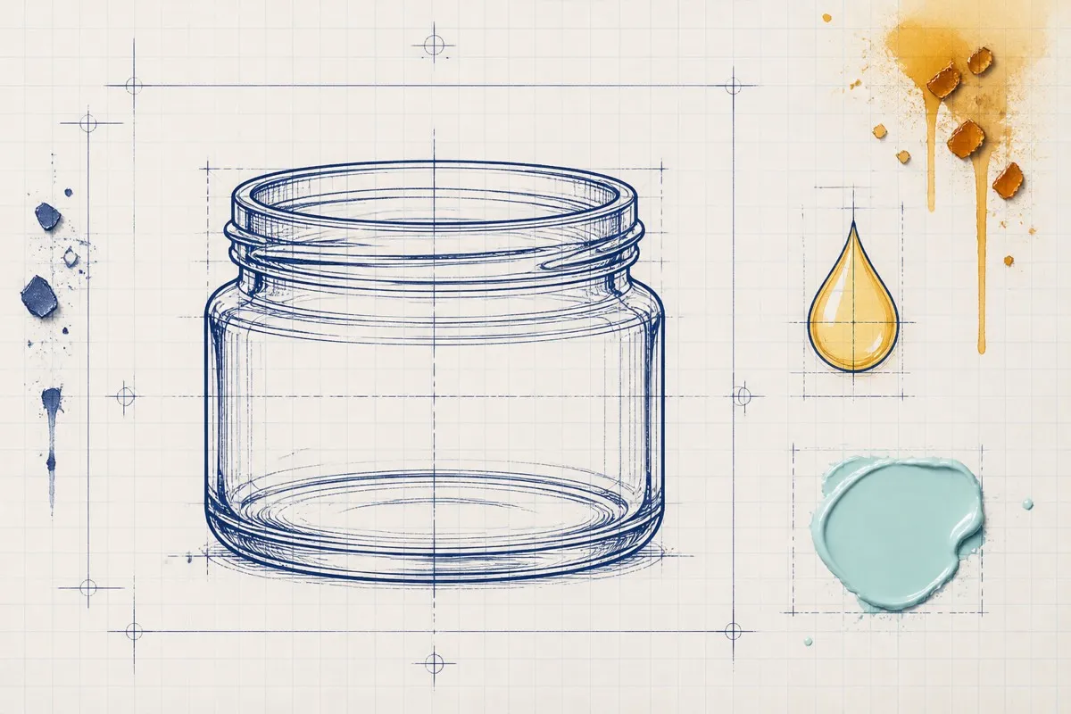 A squat glass jar outline holds a translucent color blob beside a solvent-drop icon.
