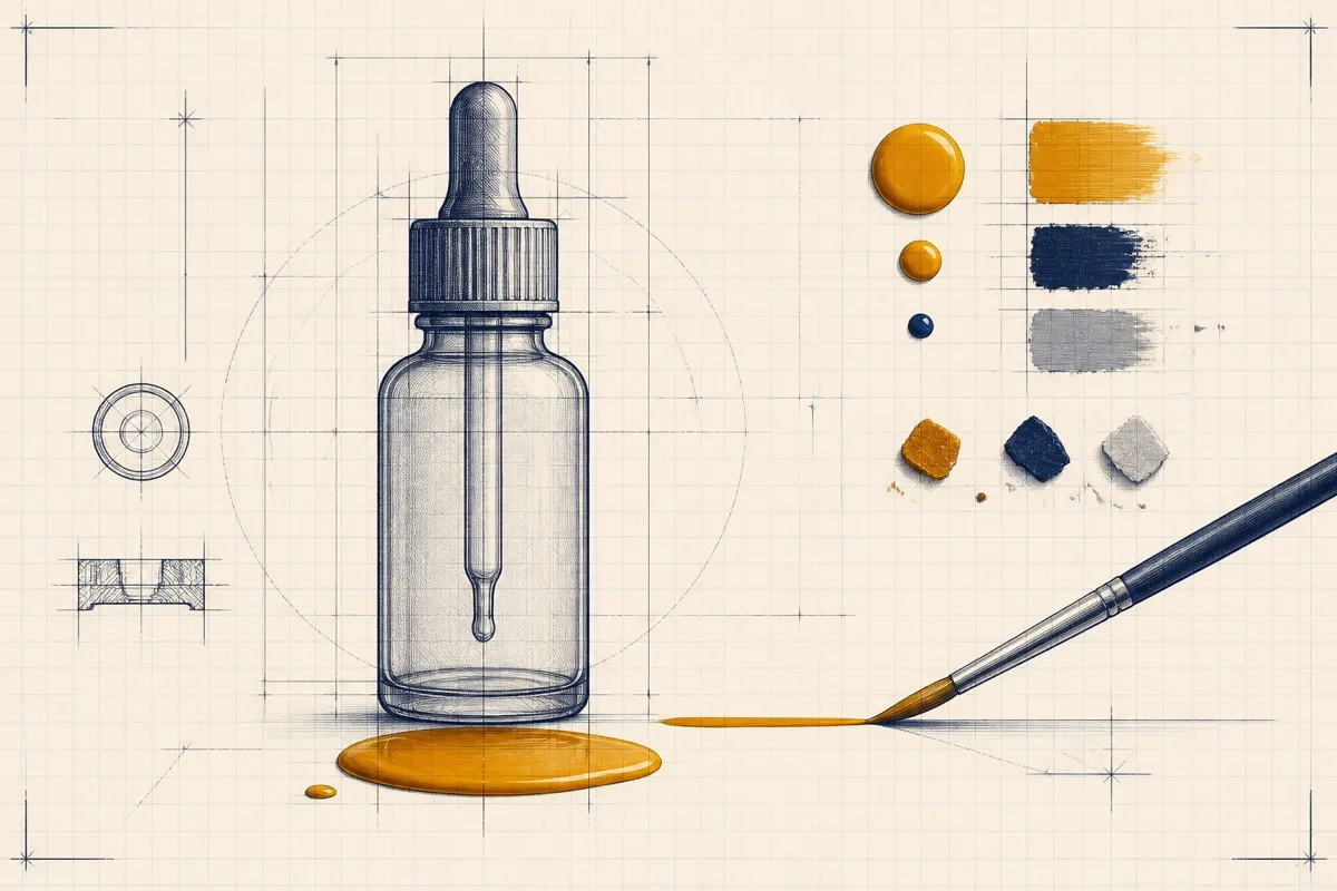 A tall dropper outline sits over a smooth blob as a brush lays a thin stroke.