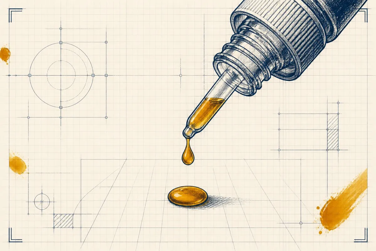 A drawn dropper bottle releases a single neat drop forming a tidy blob.