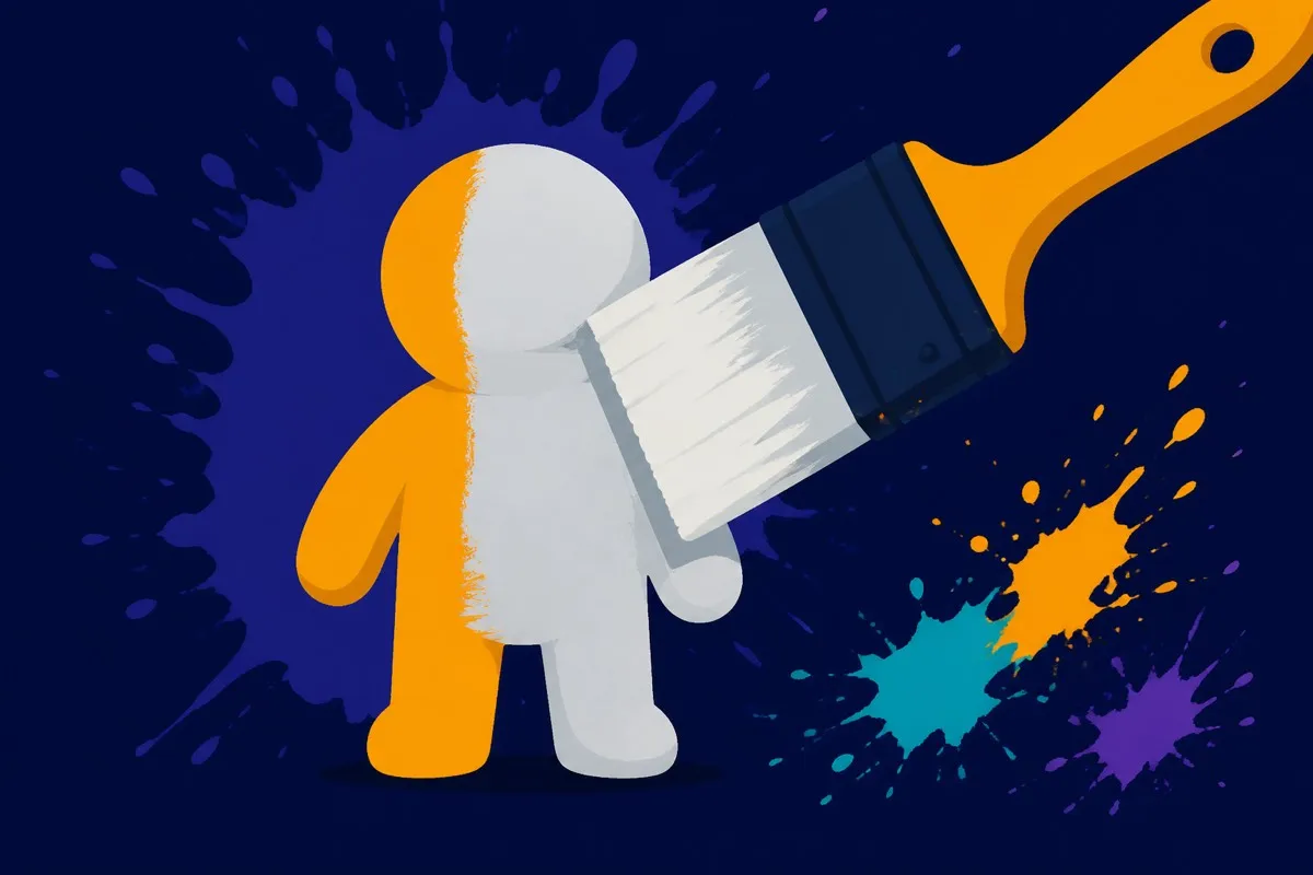 A flat brush spreads an even primer coat across a small figure on indigo.
