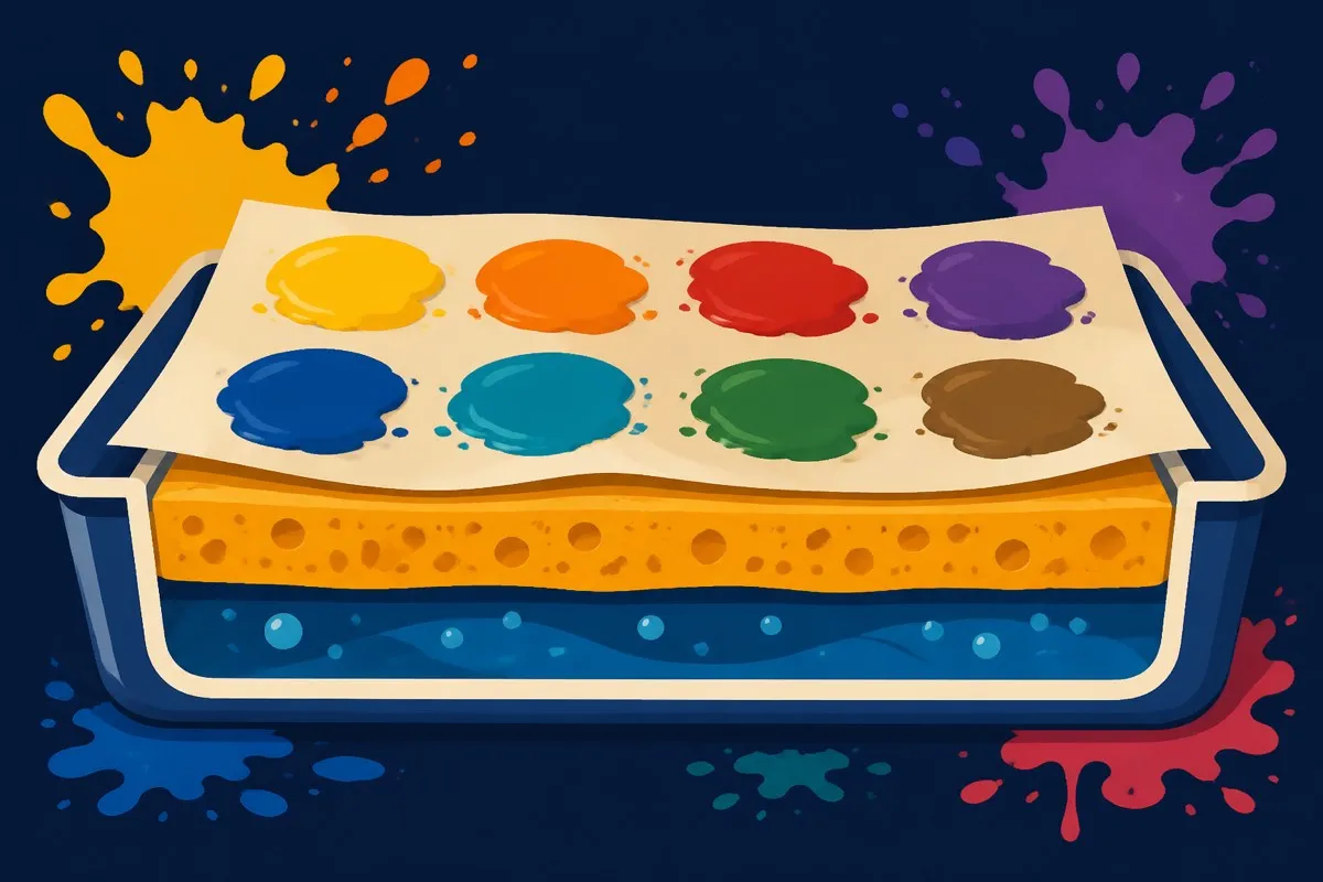 A flat wet palette cross-section shows a sponge under parchment holding paint blobs.