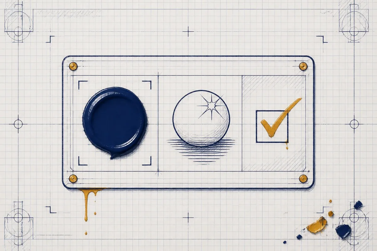 A drawn result card shows a color blob, a sheen icon and a check box.