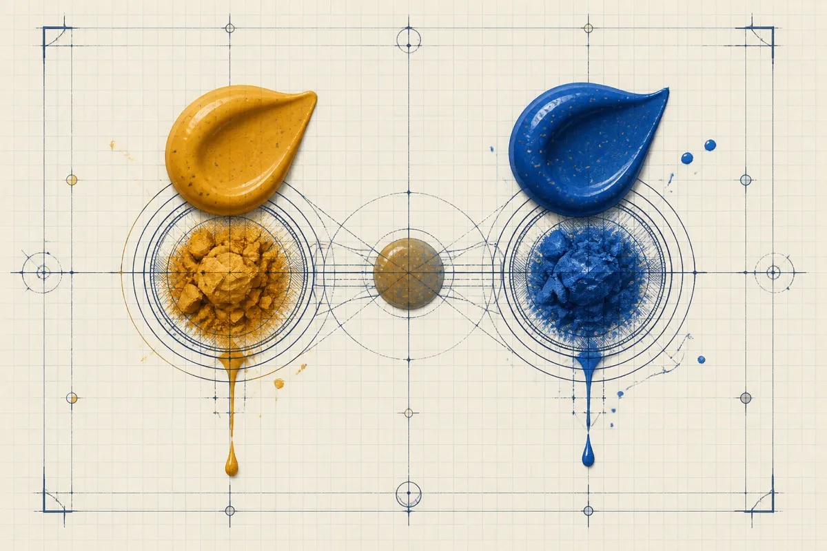 Two paint blobs reach the same hue from warm and cool pigments with flecks visible.